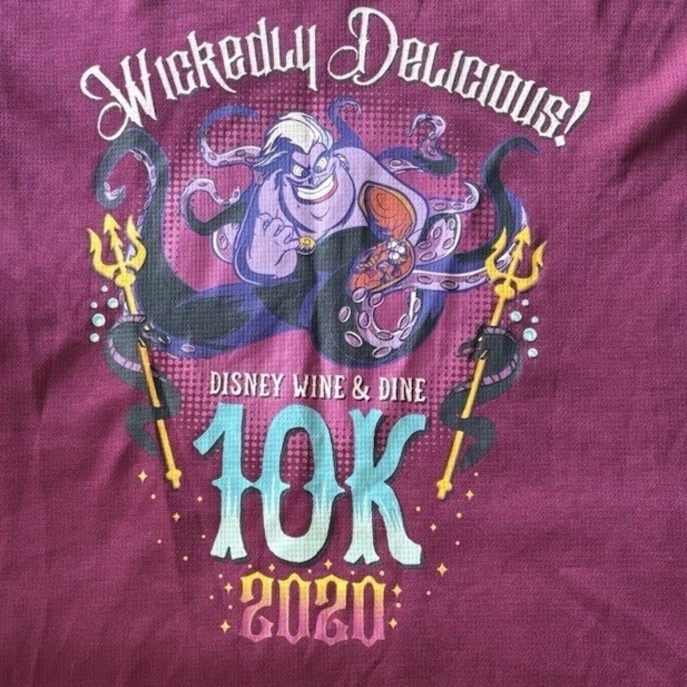 runDisney 2020 Wine & Dine 10K T Shi Ursula Wicked Delicious Maroon Shirt Womens